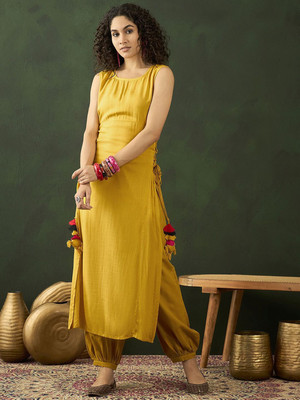 Sangria Women Solid Straight Kurta(Yellow)