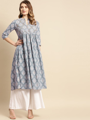 ANOUK Women Printed Anarkali Kurta(Blue)