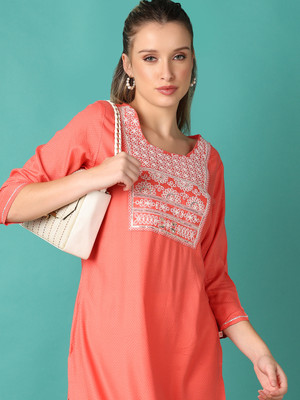 V-MART Women Embroidered A-line Kurta(Pink)
