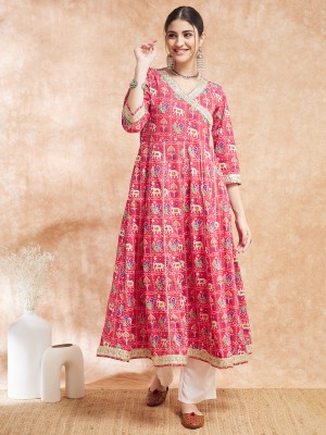 InWeave Women Floral Print Anarkali Kurta(Pink)