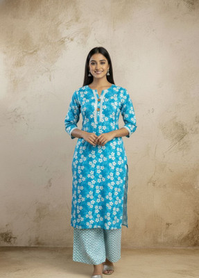 itszeyra Women Floral Print, Geometric Print A-line Kurta(Blue)