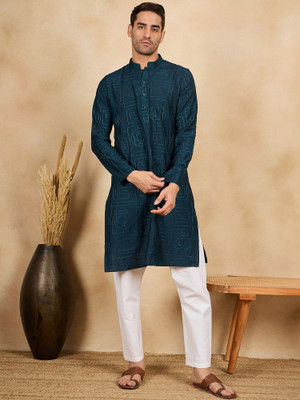 House of Pataudi Men Embroidered Straight Kurta(Dark Blue)