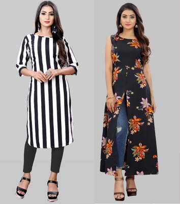 maruti fab Women Striped, Printed A-line Kurta(White, Orange)