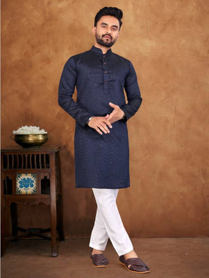 MD Retail Men Self Design Straight Kurta(Dark Blue)