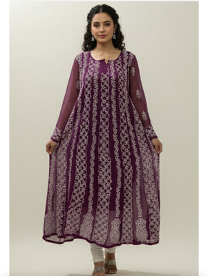 RIDDHI Women Chikan Embroidery Ethnic Dress Kurta(Maroon, White)