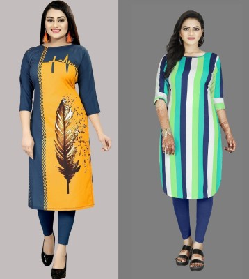 Hiral Creation Women Striped Straight Kurta(Multicolor, Yellow)