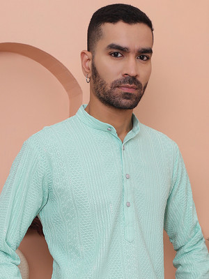 ANOUK Men Embroidered Straight Kurta(Blue)