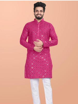 kingenterprise Men Self Design Straight Kurta(Pink)