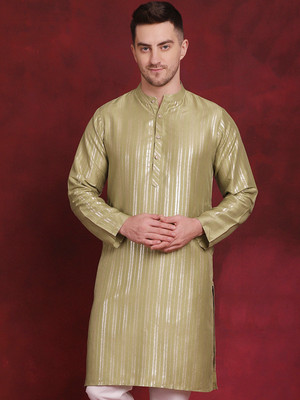 ANOUK Men Striped Straight Kurta(Green)