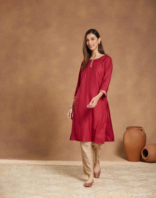 Fabindia Women Embroidered Straight Kurta(Maroon)