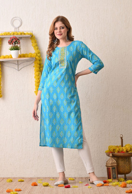 JASORIYA Women Printed Straight Kurta(Blue)