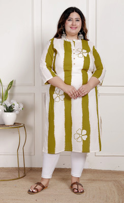 akritik Women Floral Print Straight Kurta(Green, White)