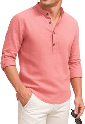 DENEEJA Men Self Design Straight Kurta(Pink)