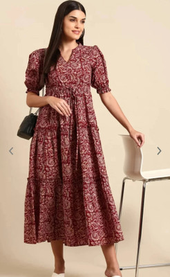 CLOTHI FAB Women Floral Print Flared Kurta(Maroon)