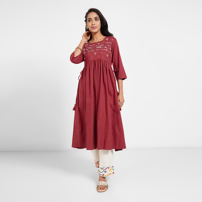 Rangmanch by Pantaloons Women Embroidered A-line Kurta(Red)