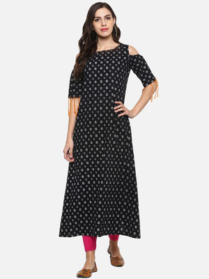Yash Gallery Women Geometric Print A-line Kurta(Black)