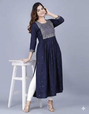 pillaie-commerce Women Embroidered, Embellished, Striped, Geometric Print A-line Kurta(Dark Blue)