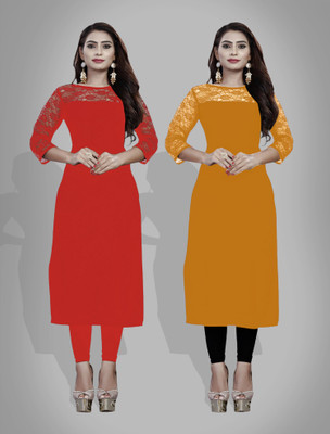 Maheshvi Women Self Design Straight Kurta(Red, Yellow)