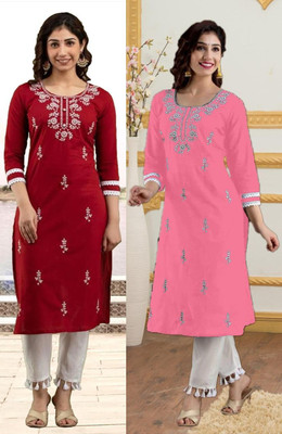 HouseOfCommon Women Chikan Embroidery Straight Kurta(Multicolor)