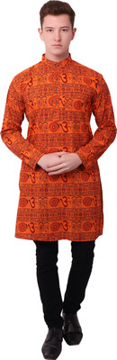 LDHSATI Men Printed Straight Kurta(Orange)
