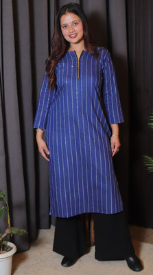 Madarwa Women Striped A-line Kurta(Blue)
