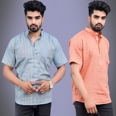 QuaClo Men Striped Straight Kurta(Blue, Orange)
