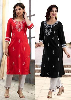 vikshi Women Embroidered Straight Kurta(Multicolor)