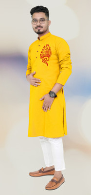 biswass Men Printed Straight Kurta(Yellow)