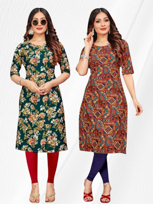 Nitya Trends Women Printed Straight Kurta(Green, Brown)