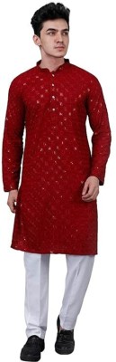 MAD CROSS Men Embroidered Straight Kurta(Red)