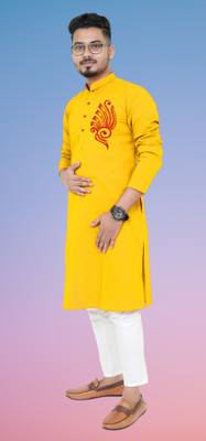 Mamta fab Men Printed Straight Kurta(Yellow)