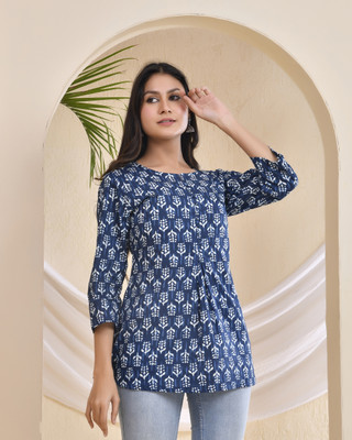 Poised Women Block Print Straight Kurta(Blue)