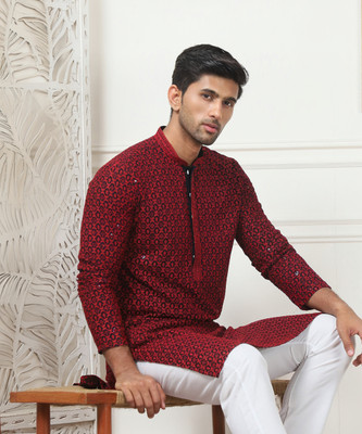 ANOUK Men Embroidered Straight Kurta(Red)