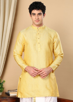 Tattva Men Woven Design Straight Kurta(Yellow)