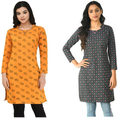 Indeweaves Women Floral Print A-line Kurta(Multicolor, Yellow)