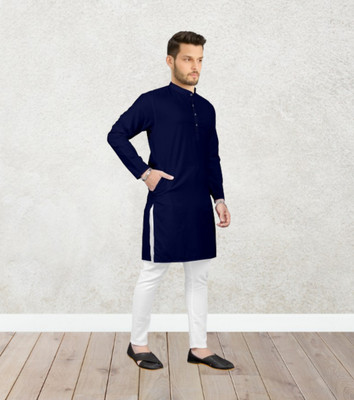 Shree Dutt Creation Men Solid Straight Kurta(Dark Blue)