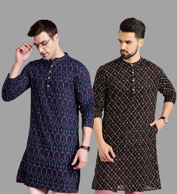 TIGERSNAKE Men Embellished Straight Kurta(Dark Blue, Black)