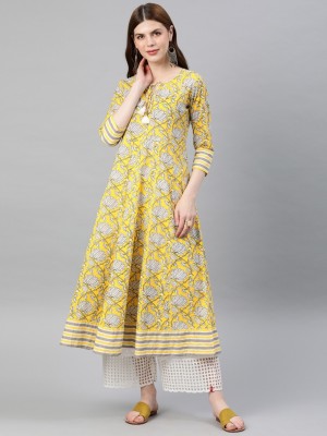 AKIKO Women Floral Print Anarkali Kurta(Yellow)