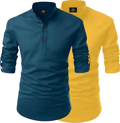 Infyshopy Fashions Men Solid Straight Kurta(Dark Blue, Yellow)