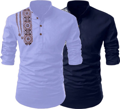 Kavyangle Creation Men Printed Straight Kurta(Blue, Light Blue)