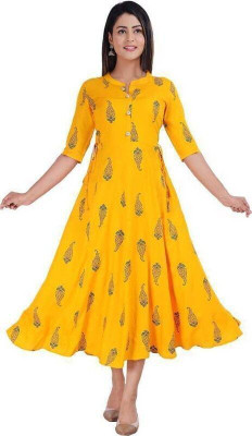 NUPITAL Women Printed Flared Kurta(Yellow)