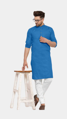 RAYGREN Men Solid A-line Kurta(Blue)