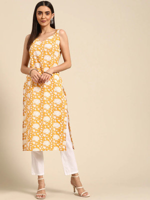 Lamba Creations Women Printed Straight Kurta(Yellow)