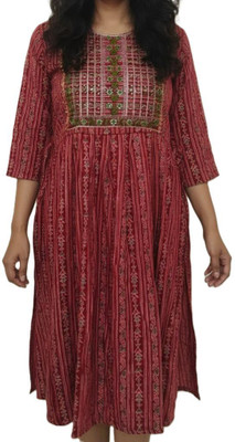 HMkurti Women Printed, Embroidered Ethnic Dress Kurta(Maroon)
