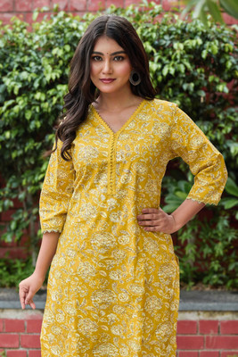 Tabeedah Women Printed A-line Kurta(Yellow)