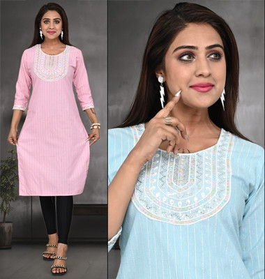 MERCEL Women Embroidered Straight Kurta(Pink, Blue)