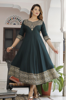 Baba Kurti Women Printed Anarkali Kurta(Green)
