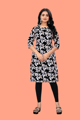Tulsii Fab Women Animal Print Straight Kurta(Black)