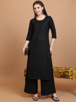 Vishudh Women Embroidered Straight Kurta(Black)