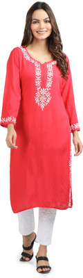 FIIZA Women Embroidered Straight Kurta(Red)